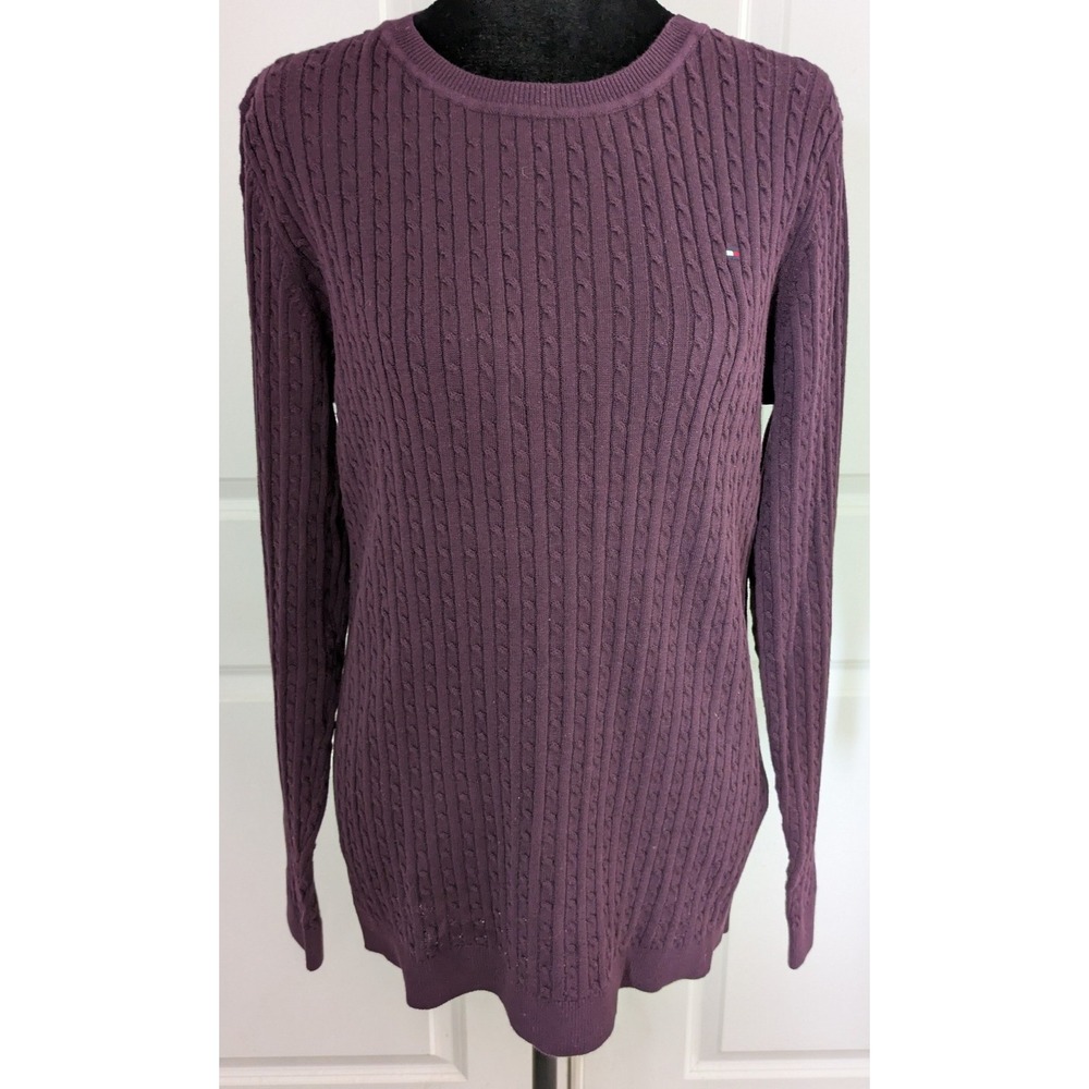 Tommy Hilfiger Womens Plum Purple Cable Knit Cotton Crewneck Sweater Size M